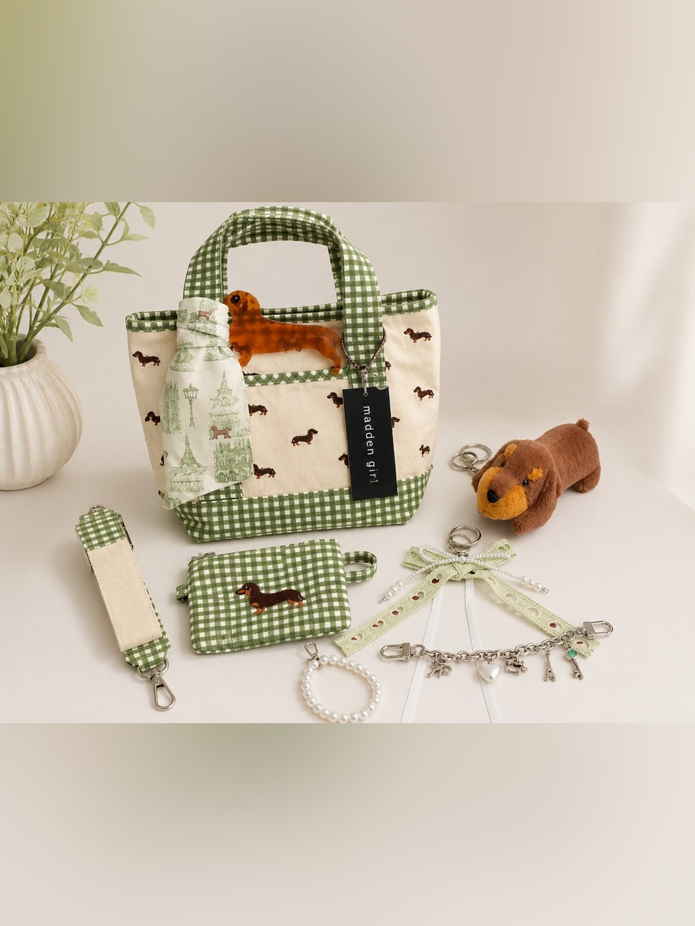 Madden Girl | Green Gingham Dachshund Canvas Tote | Wristlet, Bag Charms & More